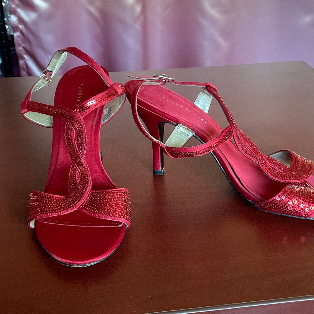 Red satin & sequins evening sandal size 7